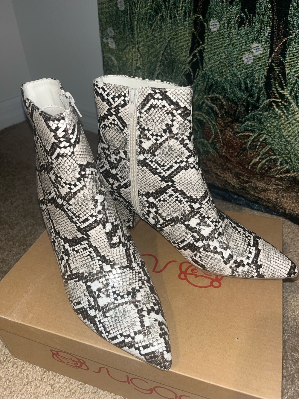 Sugar Black & White Snake-Print Pointed Toe Ankle Boots